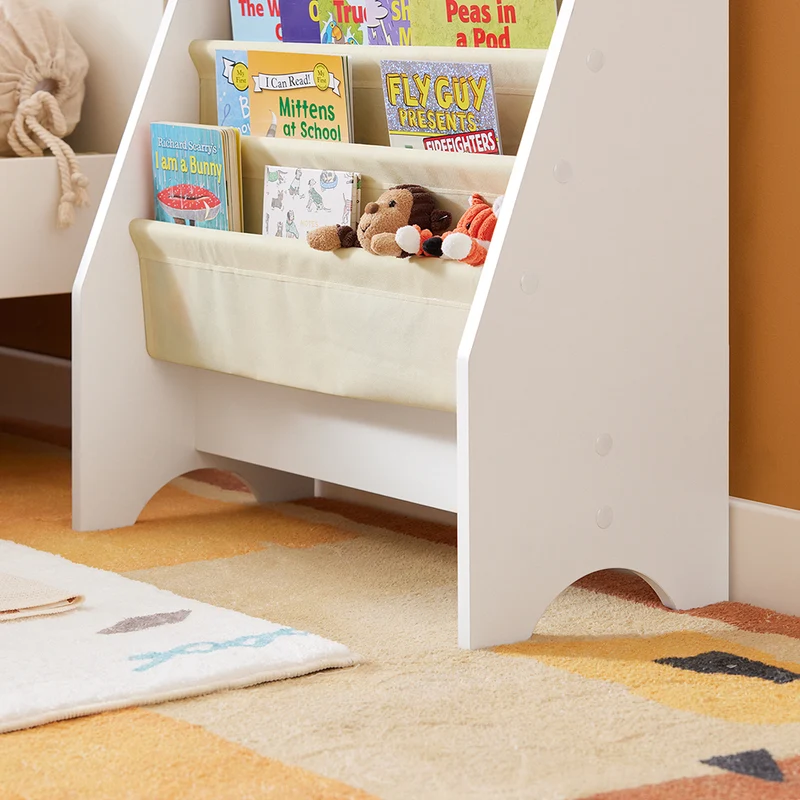 sebuyfr.comG225-W Bibliothèque Enfant Rangement Jouet Enfant avec 4 Poches Tissu Étagère Chambre pour Jouet et Livre Bibliothèque Meuble de Rangement Blanc 62x30x71cm