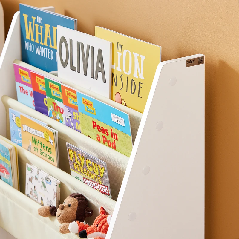 sebuyfr.comG225-W Bibliothèque Enfant Rangement Jouet Enfant avec 4 Poches Tissu Étagère Chambre pour Jouet et Livre Bibliothèque Meuble de Rangement Blanc 62x30x71cm