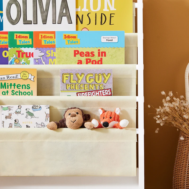 sebuyfr.comG225-W Bibliothèque Enfant Rangement Jouet Enfant avec 4 Poches Tissu Étagère Chambre pour Jouet et Livre Bibliothèque Meuble de Rangement Blanc 62x30x71cm