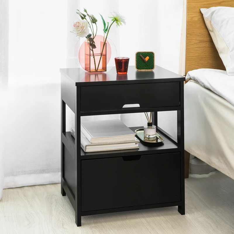 SoBuy FRG258-SCH Table de Chevet avec 2 tiroirs et étagère, Table de Nuit pour Chambre à Coucher - Meuble de Rangement Moderne L45 x P38 x H55 cm Noir