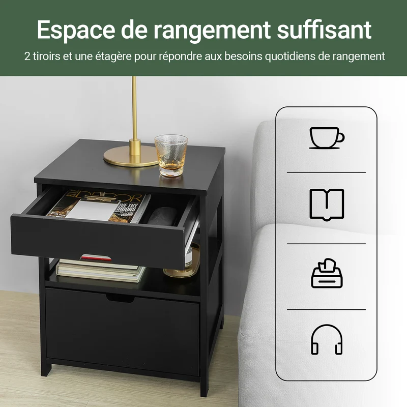 SoBuy FRG258-SCH Table de Chevet avec 2 tiroirs et étagère, Table de Nuit pour Chambre à Coucher - Meuble de Rangement Moderne L45 x P38 x H55 cm Noir