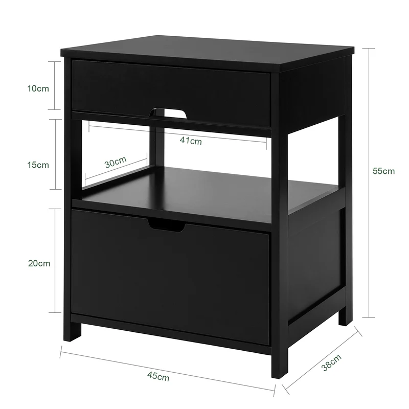 SoBuy FRG258-SCH Table de Chevet avec 2 tiroirs et étagère, Table de Nuit pour Chambre à Coucher - Meuble de Rangement Moderne L45 x P38 x H55 cm Noir