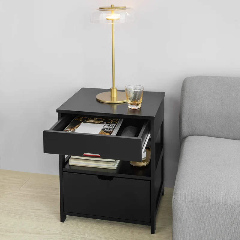 SoBuy FRG258-SCH Table de Chevet avec 2 tiroirs et étagère, Table de Nuit pour Chambre à Coucher - Meuble de Rangement Moderne L45 x P38 x H55 cm Noir