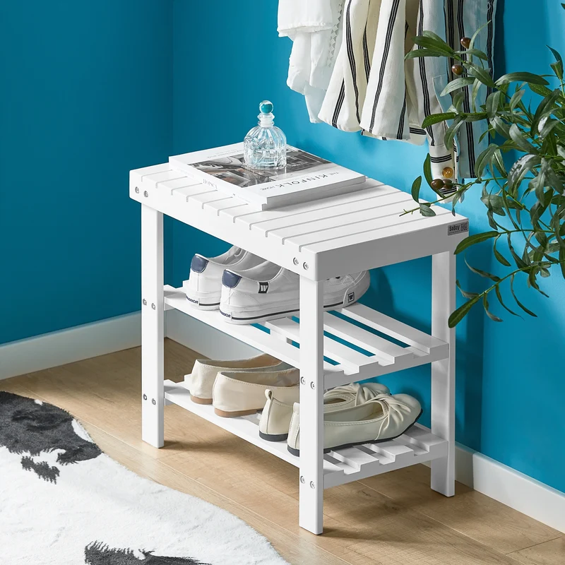 SoBuy FSR02-K-W Banc à Chaussures en Bambou avec Assise et Étagère de Rangement pour Entrée – 50x29x46 cm, Blanc