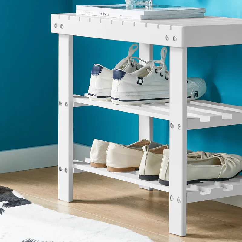 SoBuy FSR02-K-W Banc à Chaussures en Bambou avec Assise et Étagère de Rangement pour Entrée – 50x29x46 cm, Blanc
