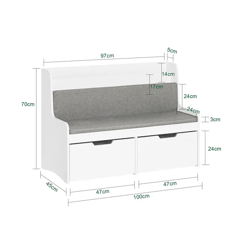 SoBuy KMB66-W Coffre de Rangement Enfants, Banc de Rangement pour Enfants avec Bibliothèque, 2 Tiroirs sur roulettes et Coussin d'assise, 100 x 45 x 70 cm, Blanc