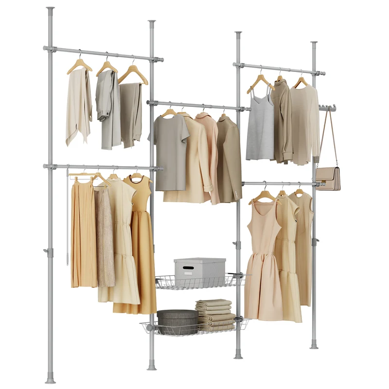 SoBuy KLS04-II-HG Portant à vêtements télescopique solide - Penderie ouverte réglable avec tringles et étagères, Porte manteau pour chambre/dressing, Gris