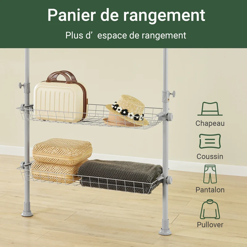 SoBuy KLS04-II-HG Portant à vêtements télescopique solide - Penderie ouverte réglable avec tringles et étagères, Porte manteau pour chambre/dressing, Gris