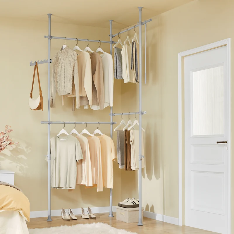 SoBuy KLS03-II-HG Portant à vêtements télescopique robuste – Penderie ouverte réglable avec tringles pour chambre/dressing, Gris