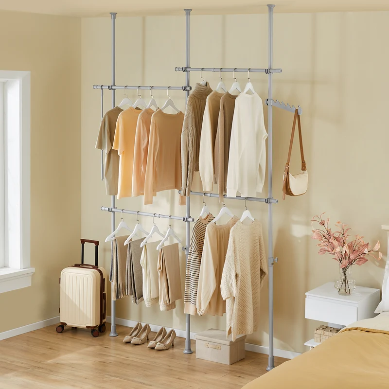SoBuy KLS03-II-HG Portant à vêtements télescopique robuste – Penderie ouverte réglable avec tringles pour chambre/dressing, Gris