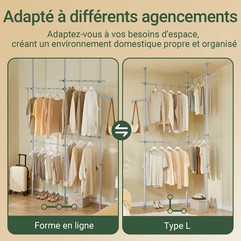 SoBuy KLS03-II-HG Portant à vêtements télescopique robuste – Penderie ouverte réglable avec tringles pour chambre/dressing, Gris