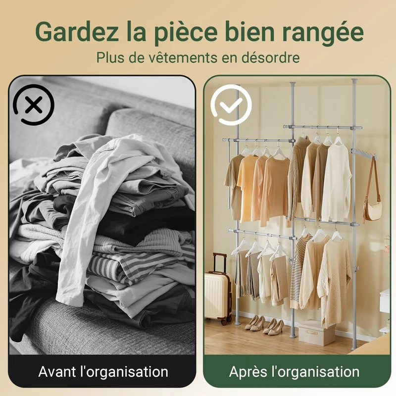 SoBuy KLS03-II-HG Portant à vêtements télescopique robuste – Penderie ouverte réglable avec tringles pour chambre/dressing, Gris
