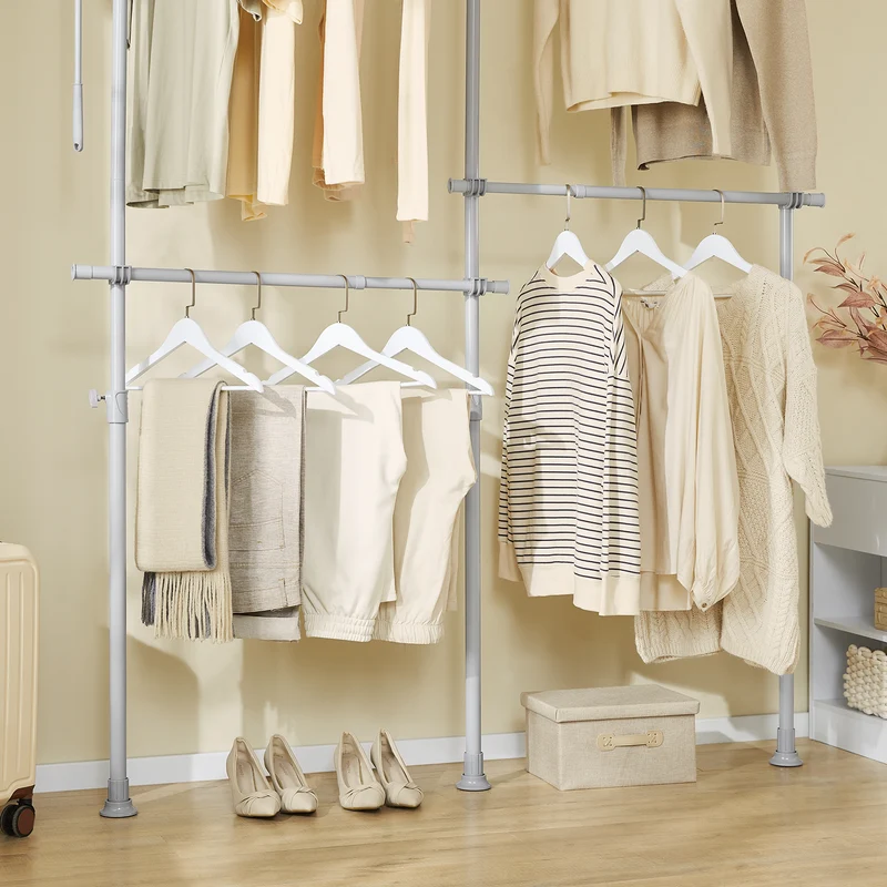 SoBuy KLS03-II-HG Portant à vêtements télescopique robuste – Penderie ouverte réglable avec tringles pour chambre/dressing, Gris