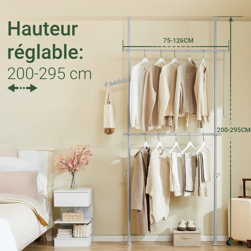 SoBuy FRG109-II-HG Tringle à Vêtements Télescopique, Portant à Vêtements Robuste, Penderie Ouverte Réglable avec Barres de Suspension pour Chambre, Dressing, Gris
