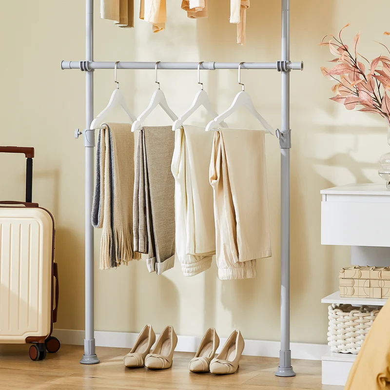 SoBuy FRG109-II-HG Tringle à Vêtements Télescopique, Portant à Vêtements Robuste, Penderie Ouverte Réglable avec Barres de Suspension pour Chambre, Dressing, Gris