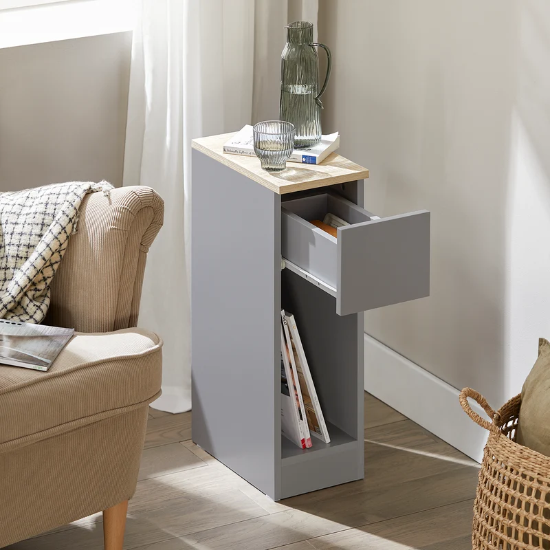 SoBuy FBT111-HGx2 Lot de 2 Tables de Chevet avec Tiroir, Gain de Place, pour Salon et Chambre, Rangement Optimisé, Design Fonctionnel – L20×P35×H60 cm, Gris