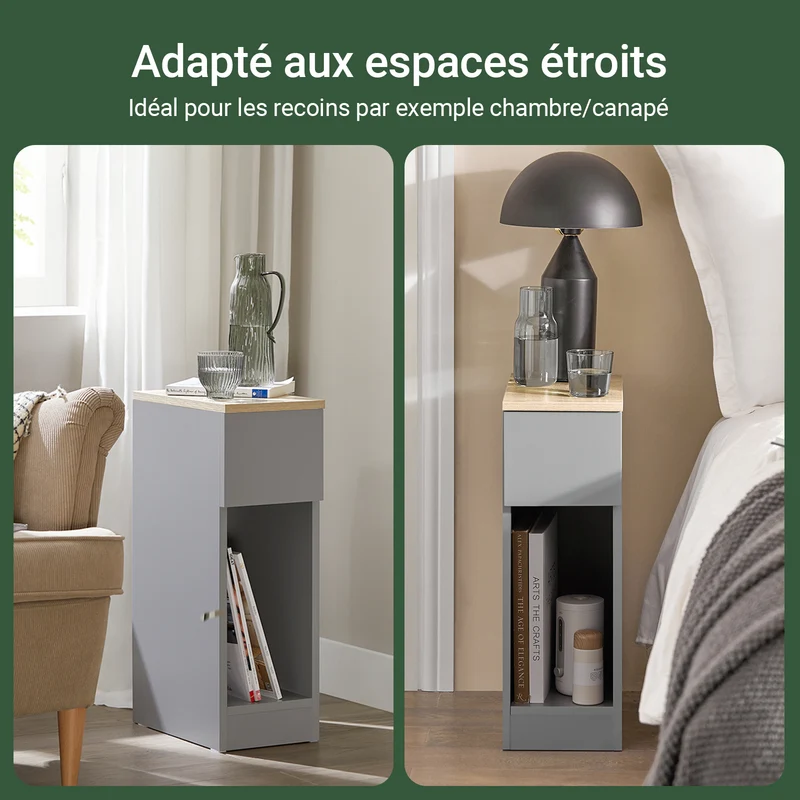 SoBuy FBT111-HGx2 Lot de 2 Tables de Chevet avec Tiroir, Gain de Place, pour Salon et Chambre, Rangement Optimisé, Design Fonctionnel – L20×P35×H60 cm, Gris