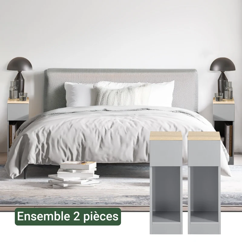 SoBuy FBT111-HGx2 Lot de 2 Tables de Chevet avec Tiroir, Gain de Place, pour Salon et Chambre, Rangement Optimisé, Design Fonctionnel – L20×P35×H60 cm, Gris
