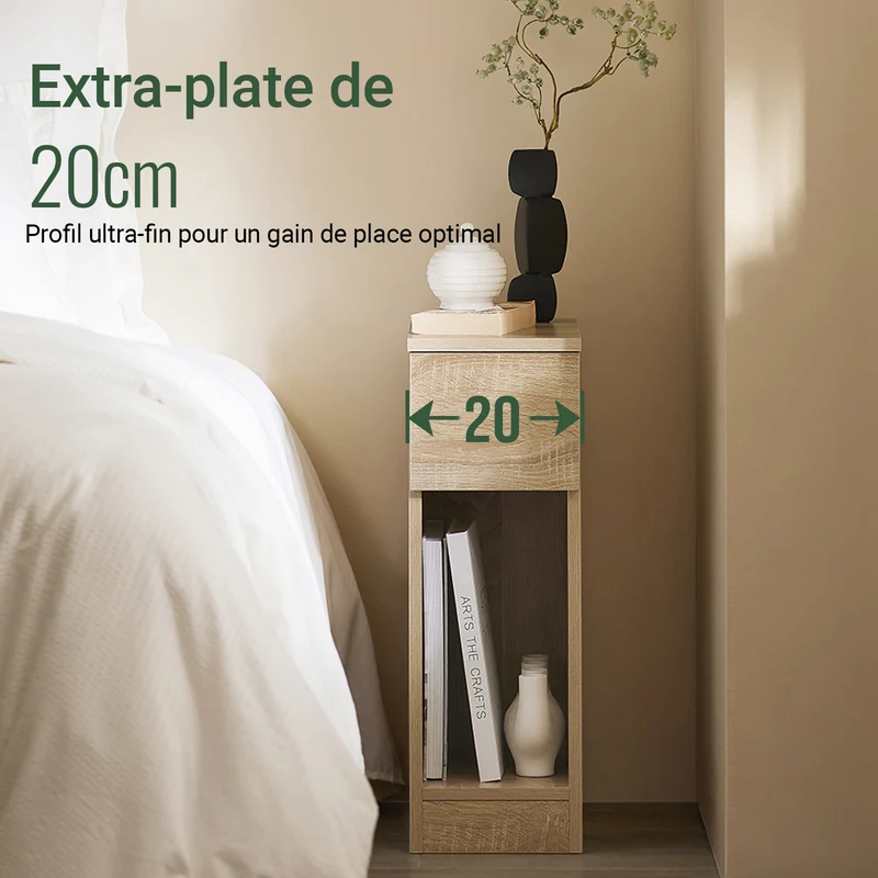 SoBuy FBT111-N Table de Chevet Ultra-Fine avec Tiroir et Étagère – L20×P35×H60 cm, Charge max. 20 kg, MDF/PB E1, Naturel