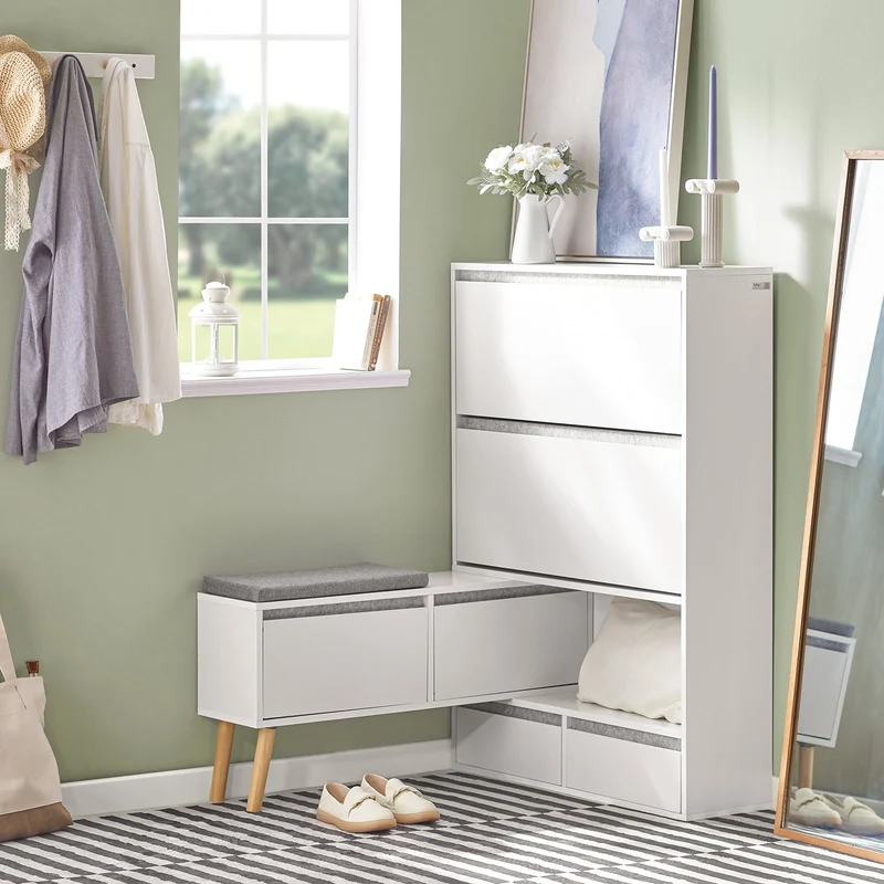 SoBuy FSR134-W Banc à Chaussures Modulable avec Armoire sur Pieds, Meuble d'Entrée – 124x24x126 cm, Blanc