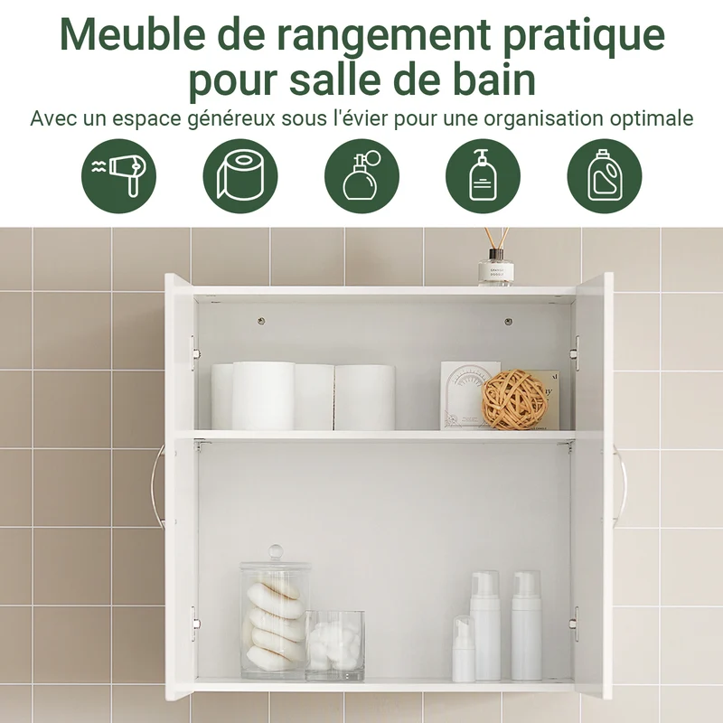 SoBuy FRG231-W Armoire Murale Salle de Bain avec Porte et Étagère Réglable – L60×P30×H60 cm, Charge 25 kg, MDF E1, Blanc