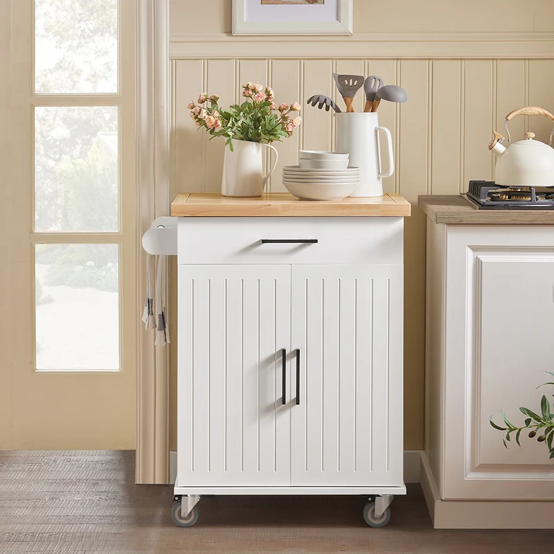 SoBuy FKW119-WN Desserte Cuisine avec Roulettes, Mobile, pour Cuisine et Salle à Manger, Rangement Optimisé – L74×P46×H91 cm, Bois d’Hévéa, Blanc et Naturel