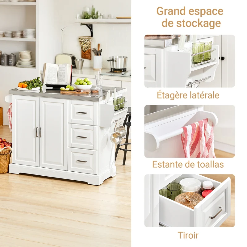 SoBuy FKW41-ST Desserte Cuisine avec Roulettes, Plan de Travail Extensible, 2 Tiroirs et Étagères Réglables, Mobile, Rangement Optimisé – L130×P46(+25)×H91 cm