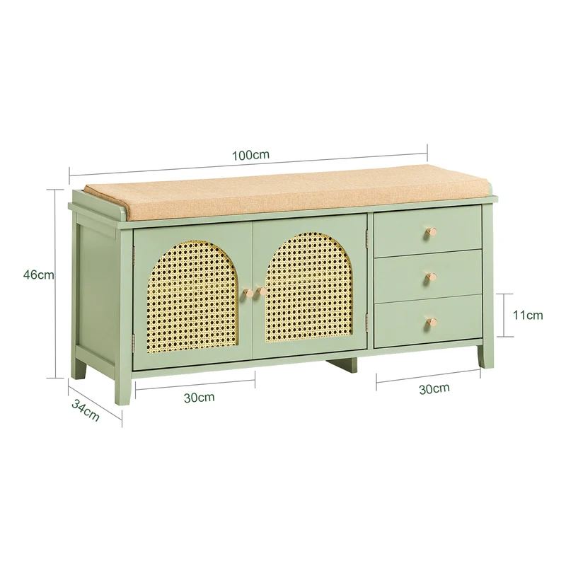 SoBuy FSR129-GR Banc à Chaussures avec Coussin Rembourré, 3 Tiroirs et 2 Portes Grille Ventilées – L100×P34×H46 cm, Charge 150 kg, MDF E1, Vert