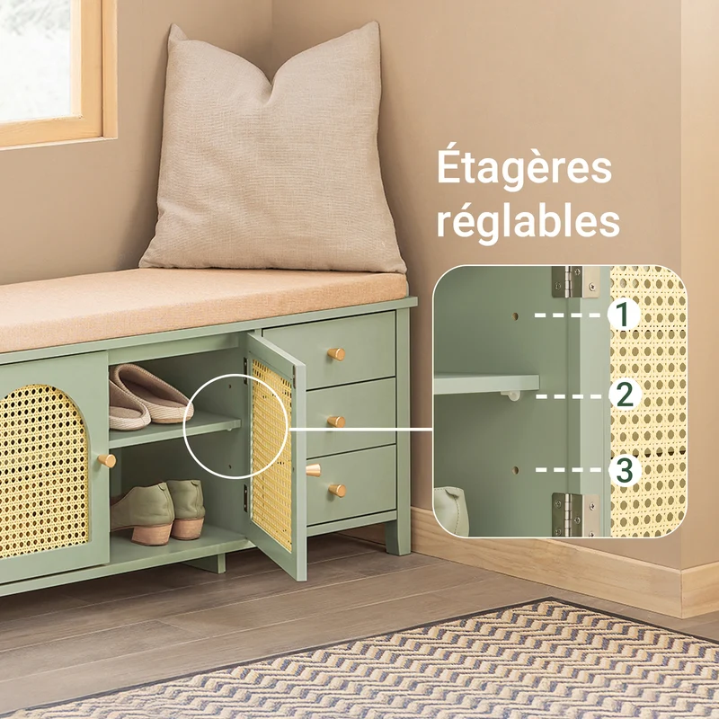 SoBuy FSR129-GR Banc à Chaussures avec Coussin Rembourré, 3 Tiroirs et 2 Portes Grille Ventilées – L100×P34×H46 cm, Charge 150 kg, MDF E1, Vert
