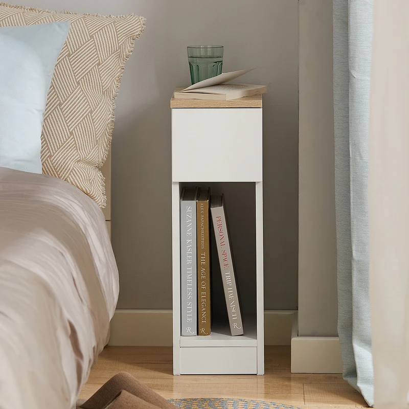 SoBuy FBT111-WNx2 Lot de 2 Tables de Chevet Étroites 20 cm – Gain de Place, Tiroir et Étagère