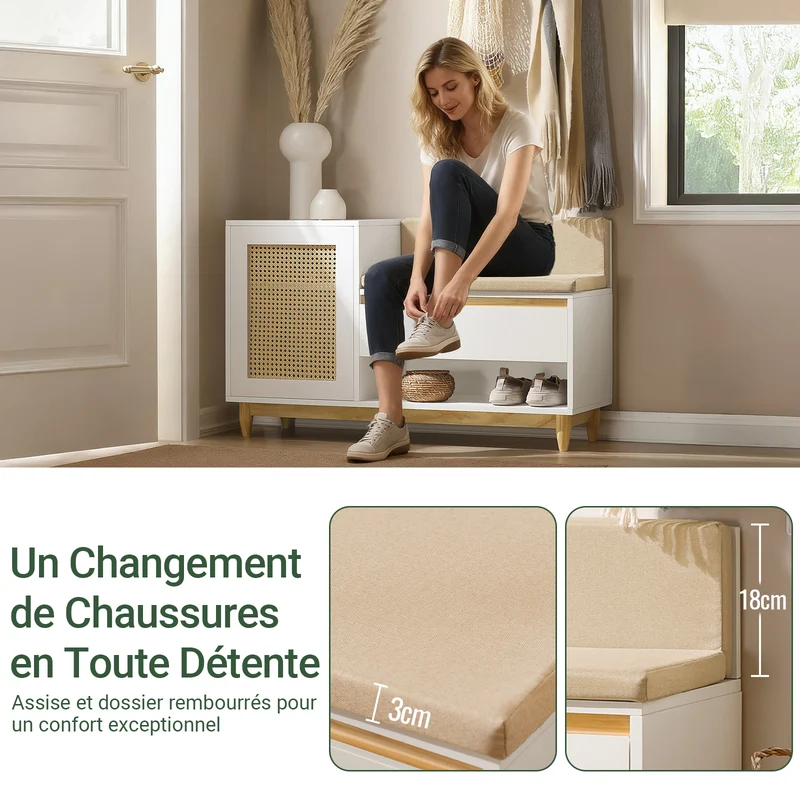 SoBuy FSR128-W Banc à Chaussures 100cm – Coussin Rembourré, Tiroir, Porte Treillis, Pin Massif – Blanc