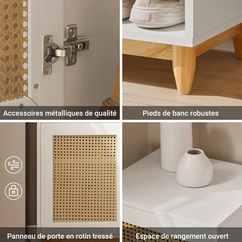 SoBuy FSR128-W Banc à Chaussures 100cm – Coussin Rembourré, Tiroir, Porte Treillis, Pin Massif – Blanc