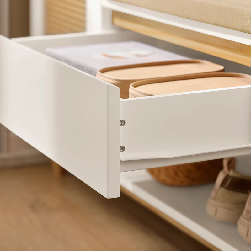 SoBuy FSR128-W Banc à Chaussures 100cm – Coussin Rembourré, Tiroir, Porte Treillis, Pin Massif – Blanc