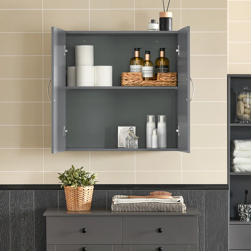 SoBuy FRG231-DG Meuble Haut Salle de Bain Suspendu Armoire Murale avec Étagère Réglable et Porte Rangement Mural Compact pour Salle de Bain, WC ou Cuisine Gris 60x30x60 cm