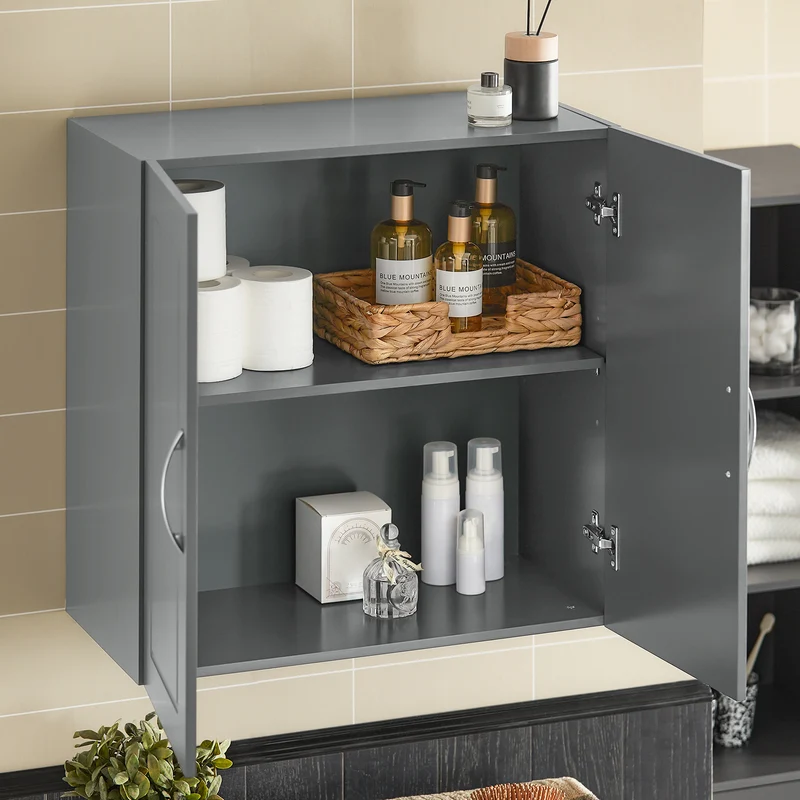 SoBuy FRG231-DG Meuble Haut Salle de Bain Suspendu Armoire Murale avec Étagère Réglable et Porte Rangement Mural Compact pour Salle de Bain, WC ou Cuisine Gris 60x30x60 cm