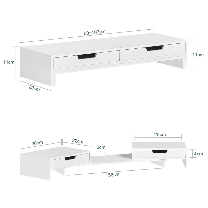 SoBuy BBF04-W Rehausseur Écran PC Bureau avec 2 Tiroirs Support Écran PC Rehausseur Ordinateur Portable Support Moniteur Réglable Blanc 60–107x22x11cm