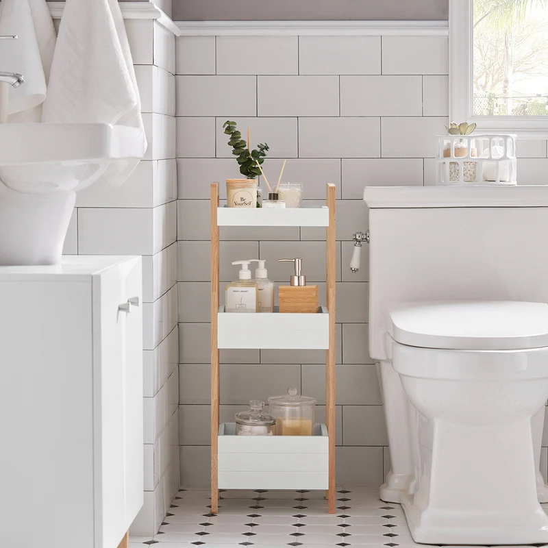 sebuyfr.comG226-WN Tour de rangement salle de bain 20 cm avec 3 paniers – Blanc et bois