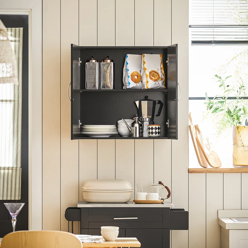 SoBuy FRG231-SCH Meuble Haut Salle de Bain Suspendu Armoire Murale avec Étagère Réglable et Porte Rangement Mural Compact pour Salle de Bain, WC ou Cuisine Noir L60xP30xH60 cm