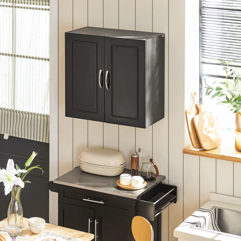 SoBuy FRG231-SCH Meuble Haut Salle de Bain Suspendu Armoire Murale avec Étagère Réglable et Porte Rangement Mural Compact pour Salle de Bain, WC ou Cuisine Noir L60xP30xH60 cm