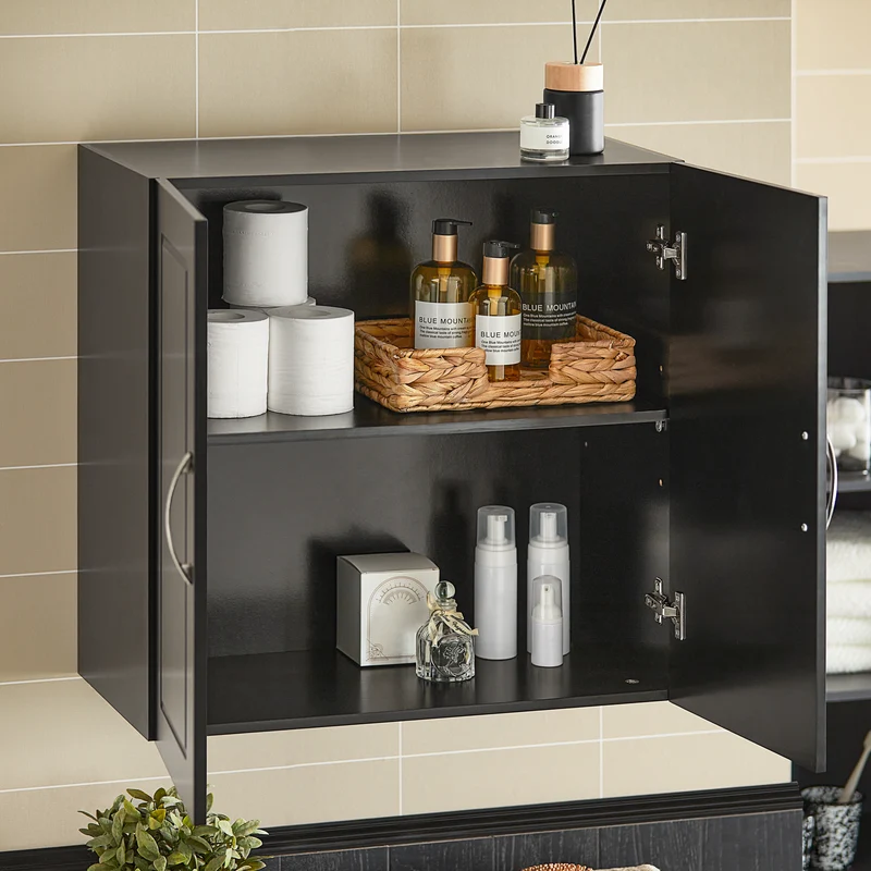 SoBuy FRG231-SCH Meuble Haut Salle de Bain Suspendu Armoire Murale avec Étagère Réglable et Porte Rangement Mural Compact pour Salle de Bain, WC ou Cuisine Noir L60xP30xH60 cm