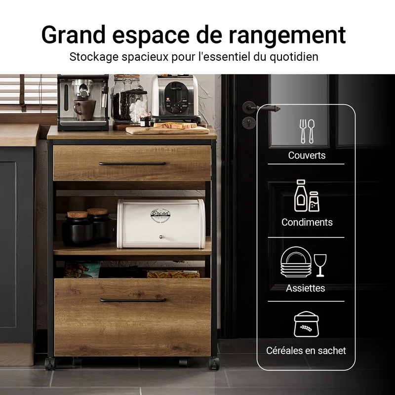 SoBuy FKW118-PF Desserte de Cuisine à roulettes – Chariot de Rangement avec 2 Tiroirs et Étagère, Petit Meuble Cuisine Bas Industriel en Acier, 60x45x90cm