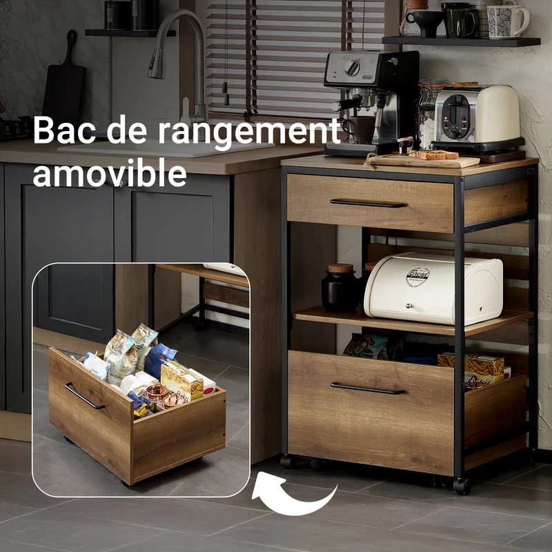 SoBuy FKW118-PF Desserte de Cuisine à roulettes – Chariot de Rangement avec 2 Tiroirs et Étagère, Petit Meuble Cuisine Bas Industriel en Acier, 60x45x90cm