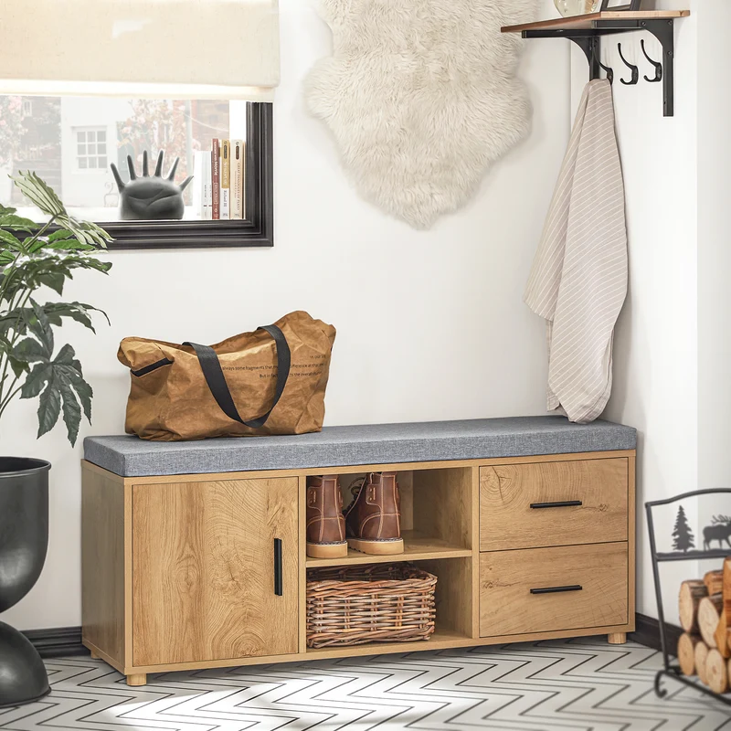 SoBuy FSR148-N Banc à Chaussures avec Coussin Rembourré 4 cm – 2 Tiroirs, 1 Porte, 6 Pieds Hévéa – 110×35×47 cm, Naturel