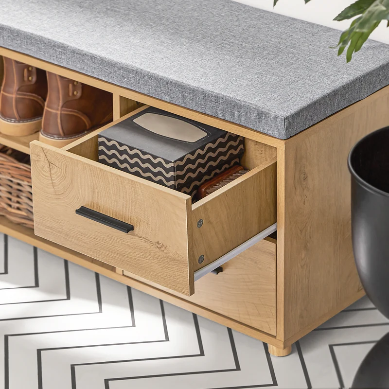 SoBuy FSR148-N Banc à Chaussures avec Coussin Rembourré 4 cm – 2 Tiroirs, 1 Porte, 6 Pieds Hévéa – 110×35×47 cm, Naturel