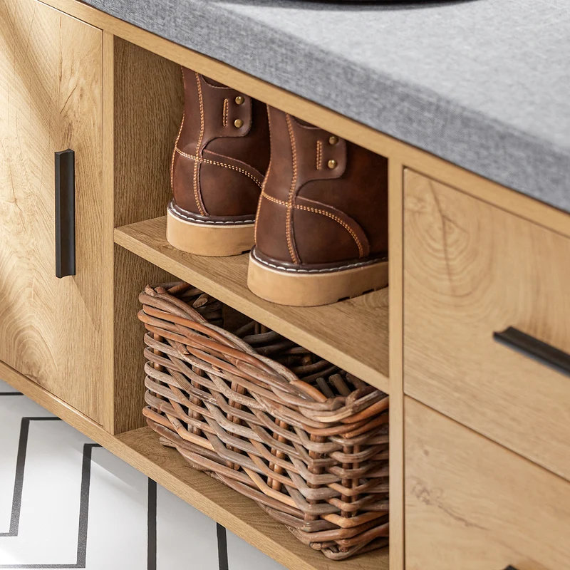 SoBuy FSR148-N Banc à Chaussures avec Coussin Rembourré 4 cm – 2 Tiroirs, 1 Porte, 6 Pieds Hévéa – 110×35×47 cm, Naturel
