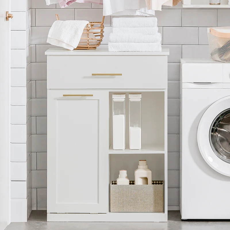 SoBuy BZR66-W Meuble Salle de Bain avec Panier à Linge Amovible, 1 Tiroir et 2 Étagères – Rangement Compact Blanc – 66×37×95 cm