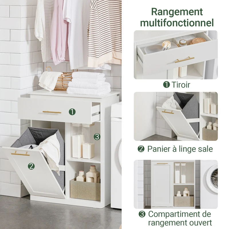 SoBuy BZR66-W Meuble Salle de Bain avec Panier à Linge Amovible, 1 Tiroir et 2 Étagères – Rangement Compact Blanc – 66×37×95 cm