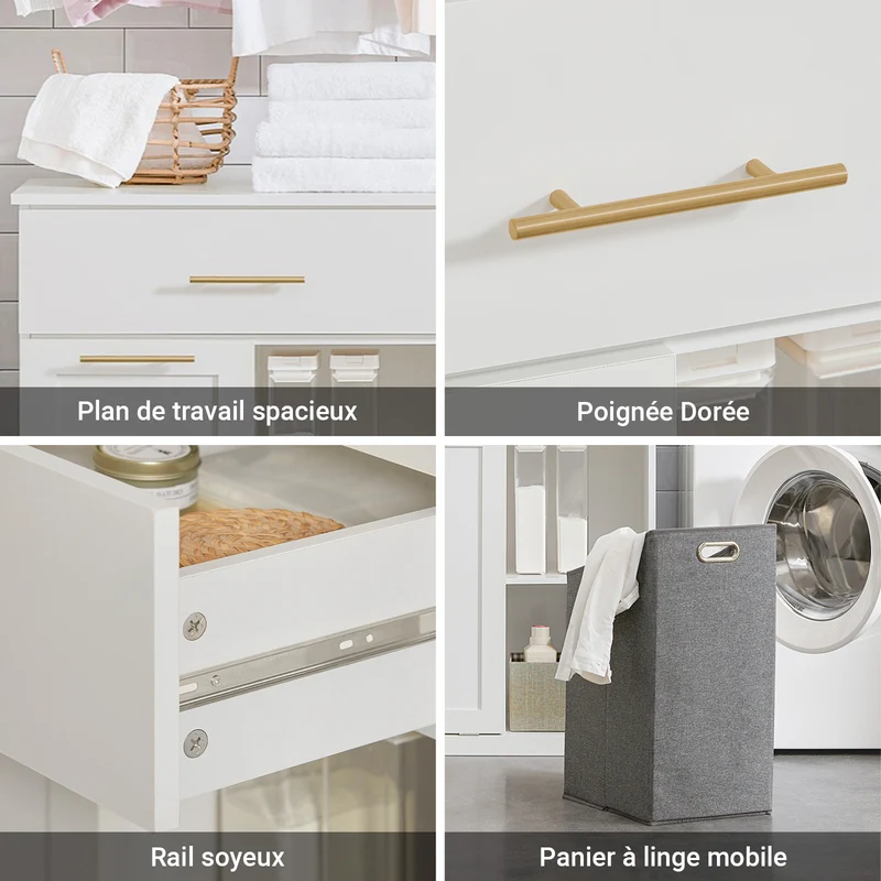 SoBuy BZR66-W Meuble Salle de Bain avec Panier à Linge Amovible, 1 Tiroir et 2 Étagères – Rangement Compact Blanc – 66×37×95 cm