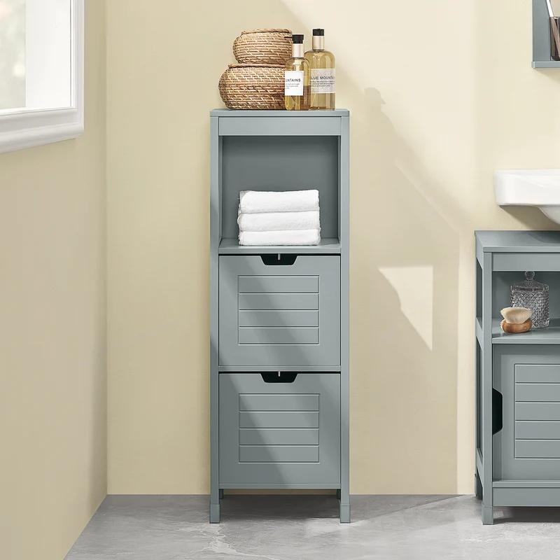 SoBuy FRG127-SG Colonne Salle de Bain avec 2 Paniers, Format Compact, Design Moderne, pour Salle de Bain et WC, Rangement Optimisé – L30×P30×H89 cm, Bois, Gris