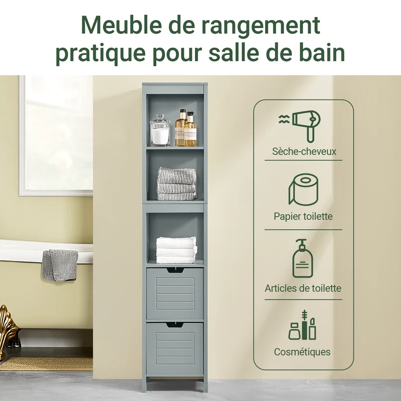 SoBuy FRG126-SG Colonne Salle de Bain avec 4 Étagères et 2 Tiroirs, Gain de Place, pour Salle de Bain et WC, Usage Quotidien – L30×P30×H140 cm, Bois, Gris Clair